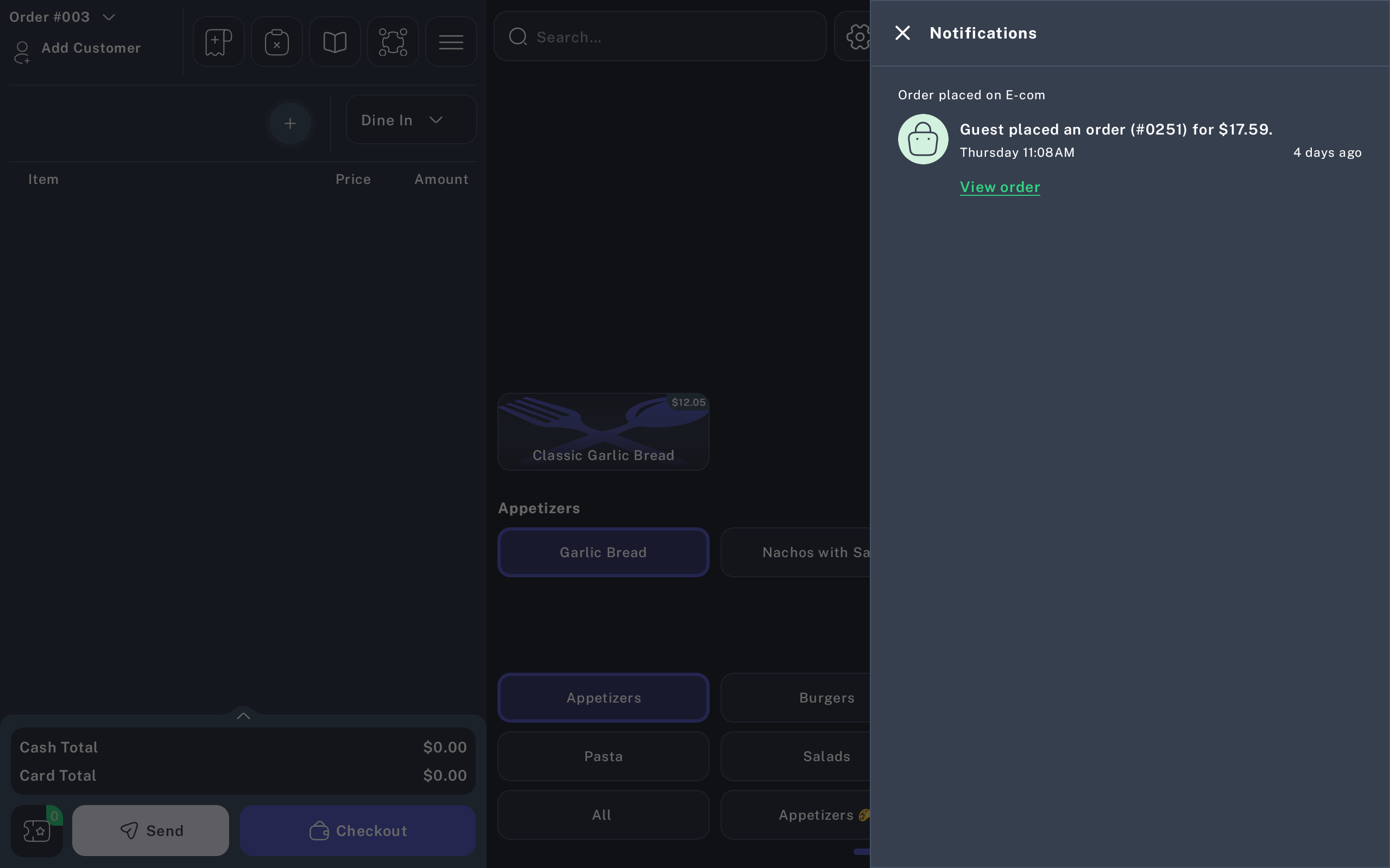 Notifications drawer showing an E-com order and View order link