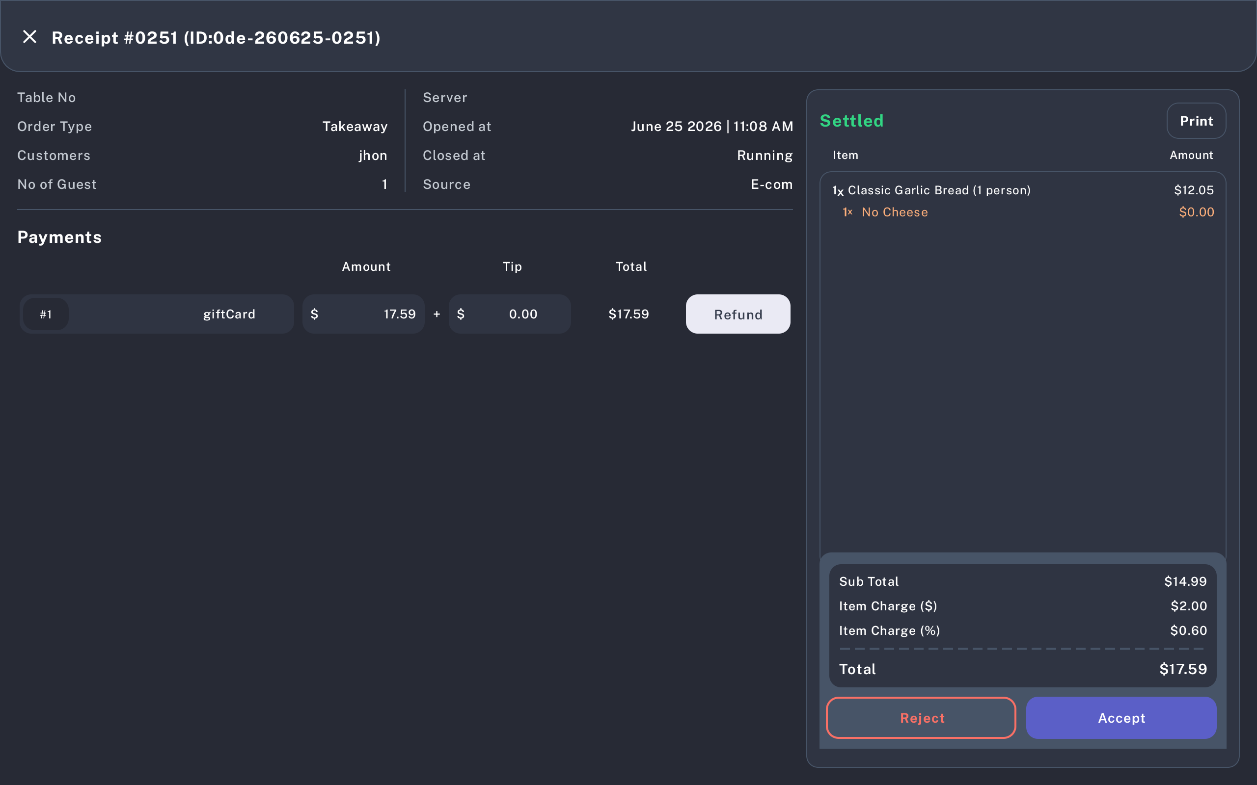 Online order details with settled status, items, Reject button, and Accept button