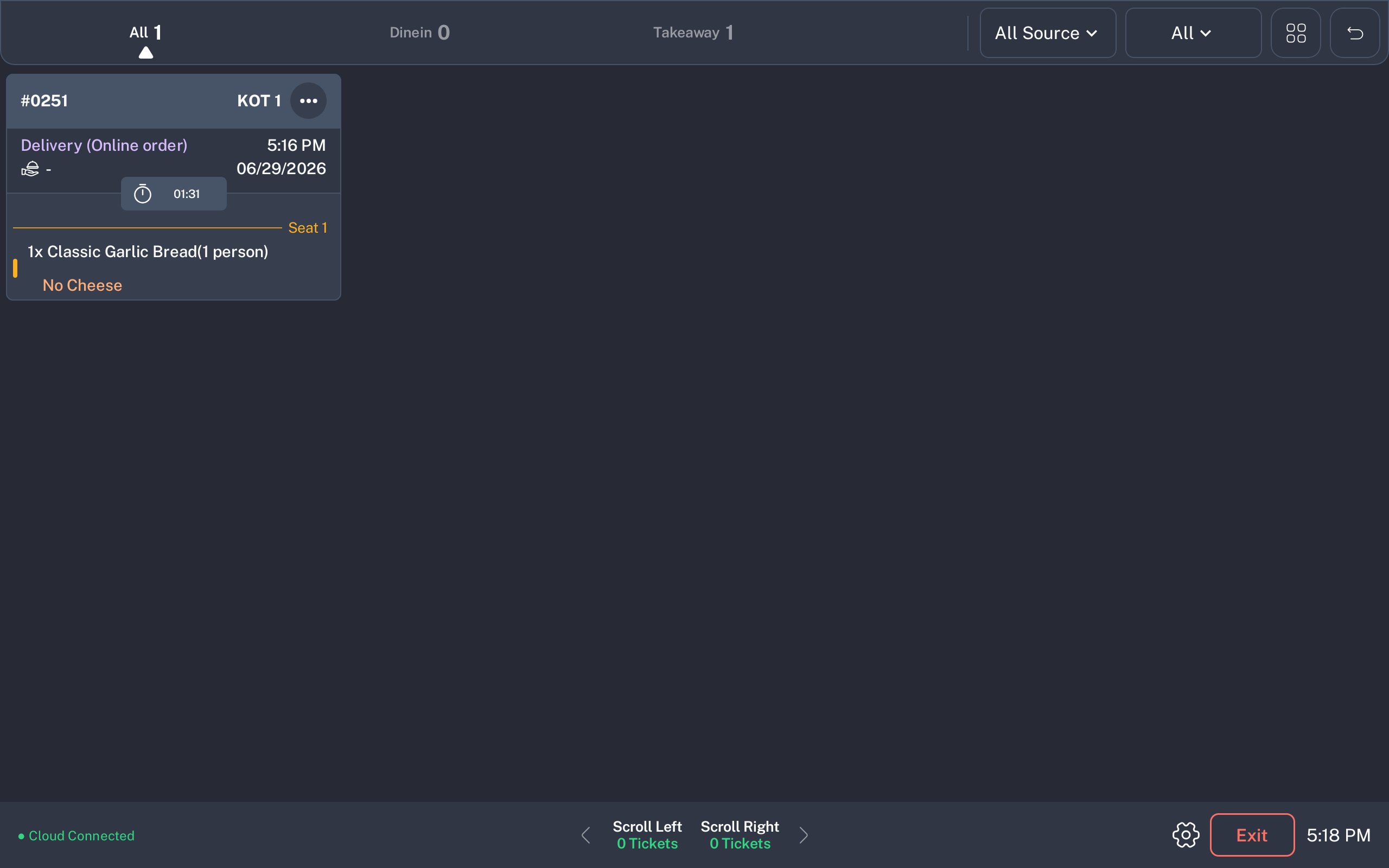 KDS screen showing a Delivery Online order ticket