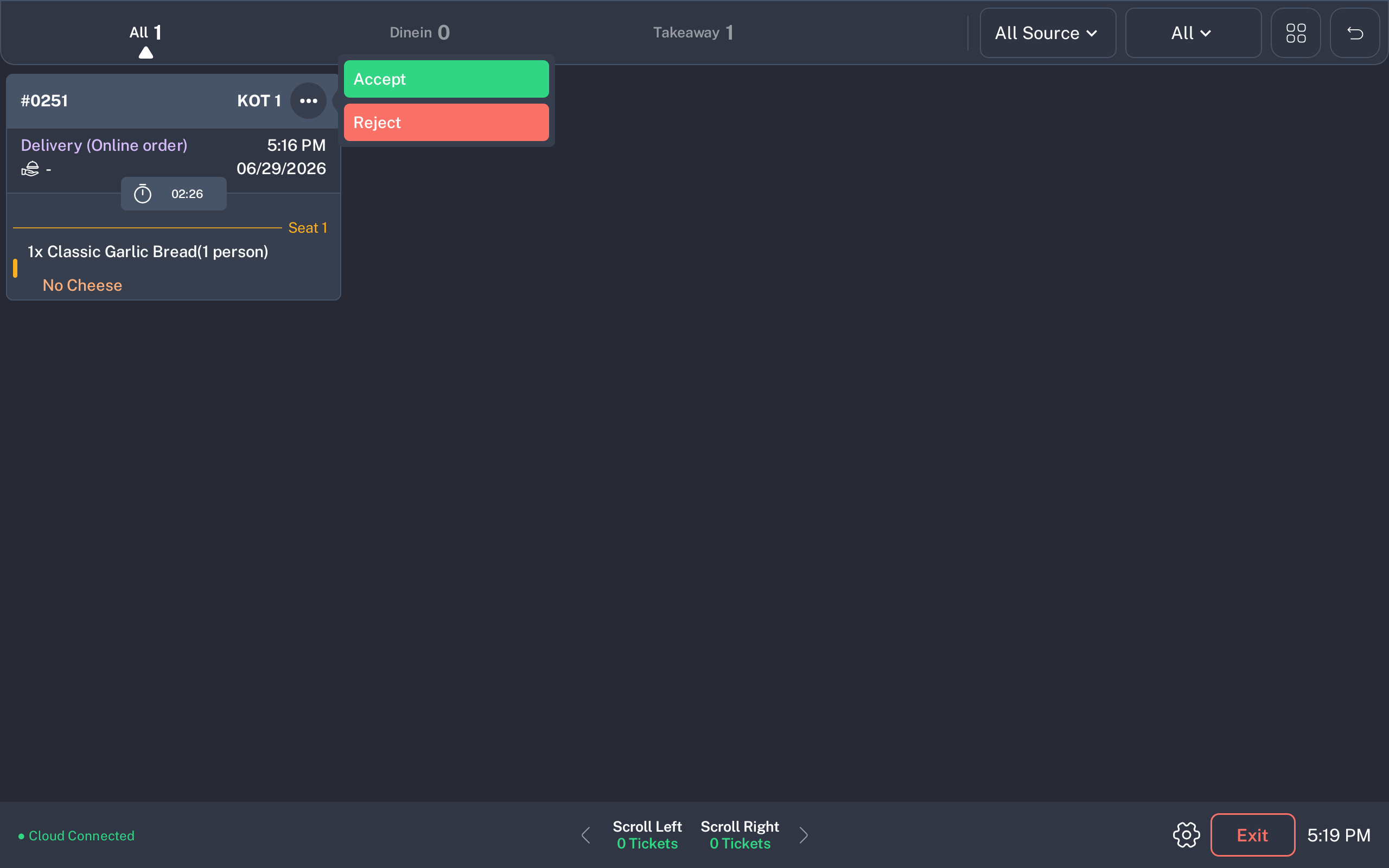 KDS ticket options menu showing Accept and Reject