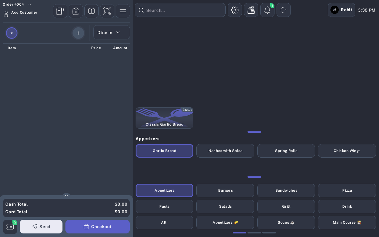 Menu screen with an open order