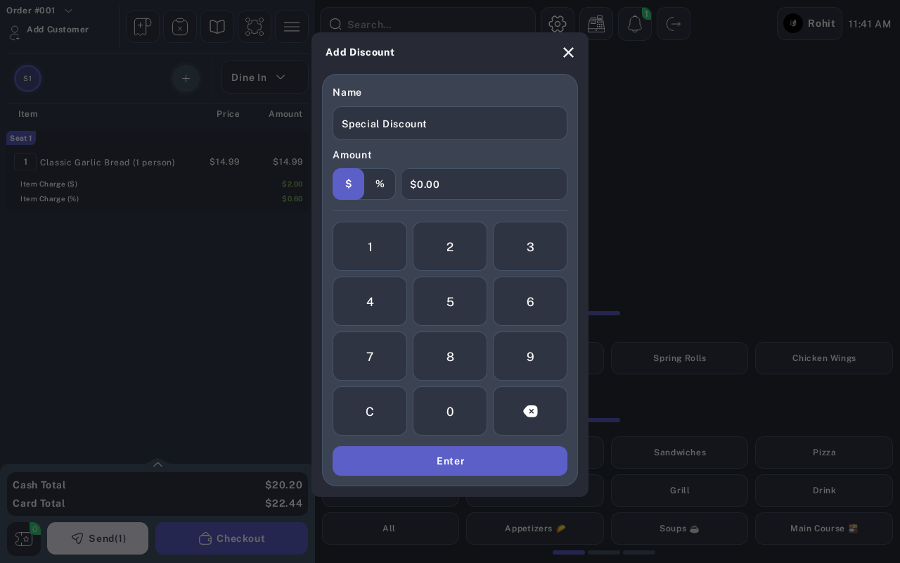 Add Discount dialog with name, dollar or percent selector, amount field, keypad, and Enter button