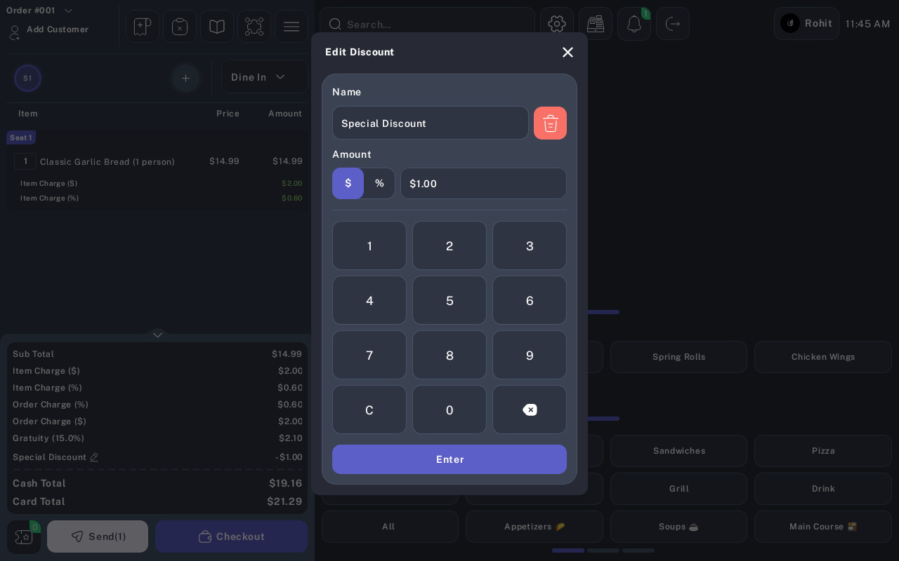 Edit Discount dialog showing the current Special Discount amount and delete button