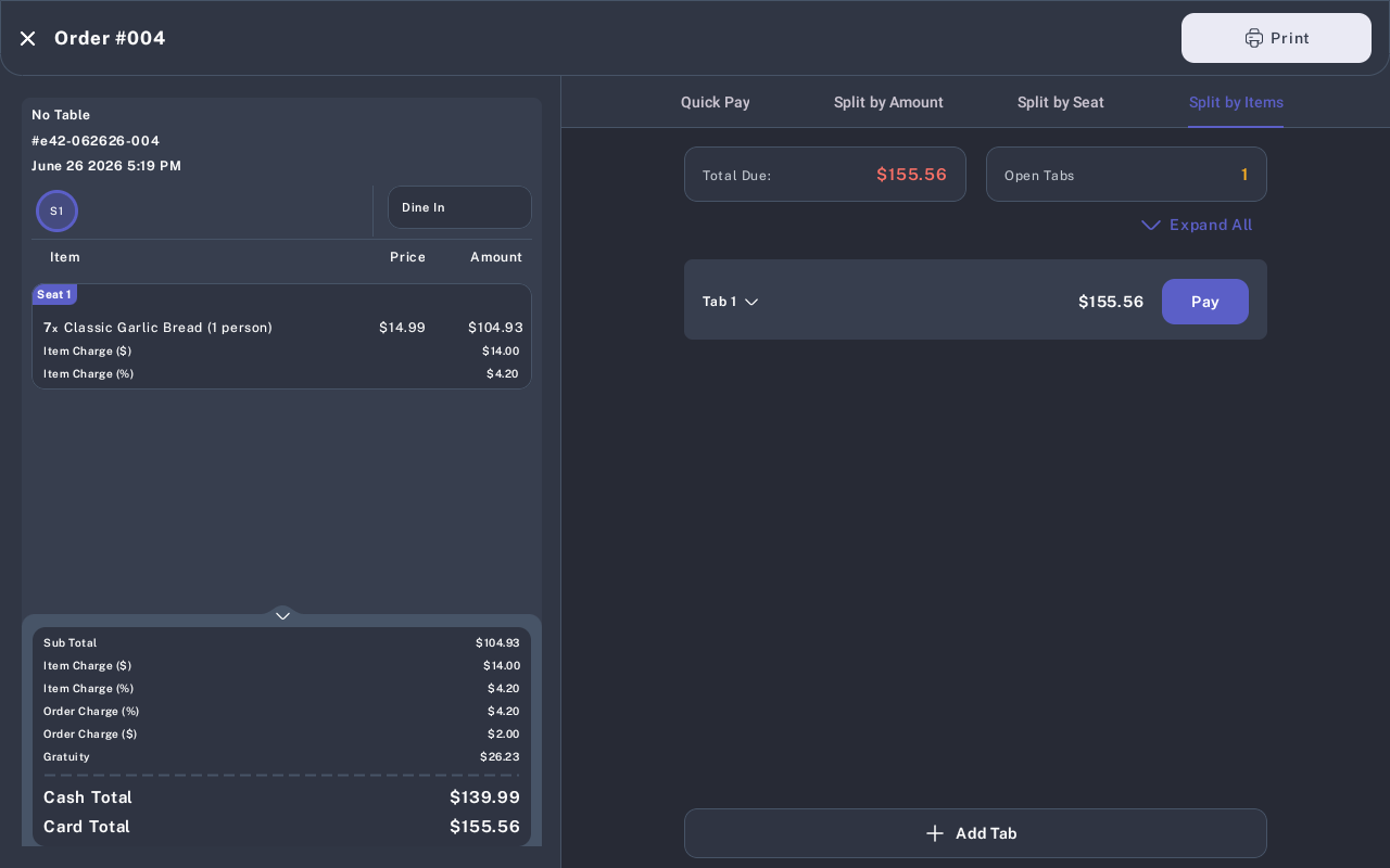 Payment screen with Split by Items selected