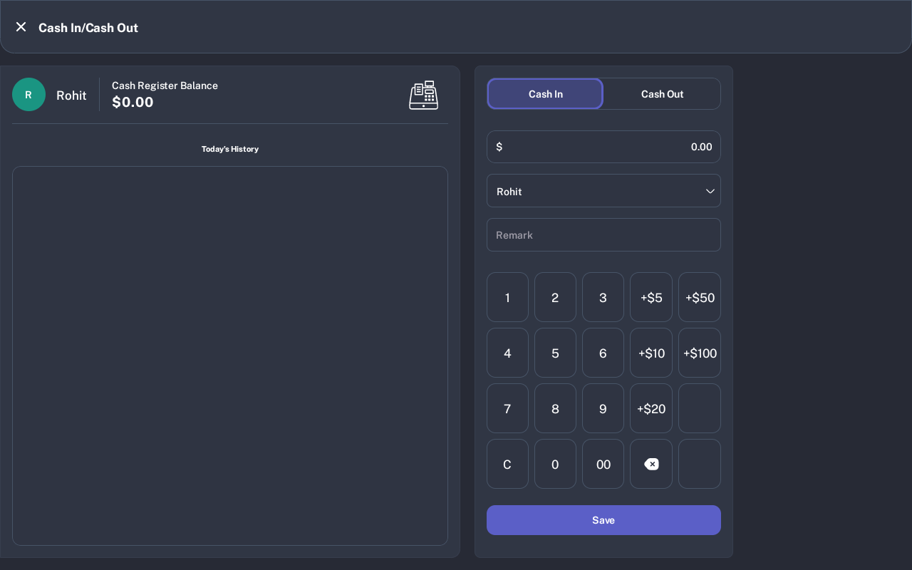 Cash In Cash Out screen with balance, history, amount, staff, remark, keypad, and Save button