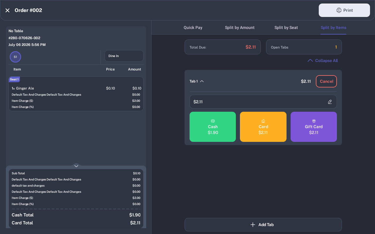 Split payment tab expanded with Cash Card and Gift Card options