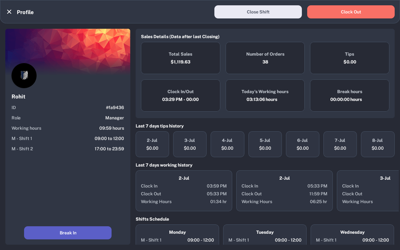 Manager profile screen with Close Shift button