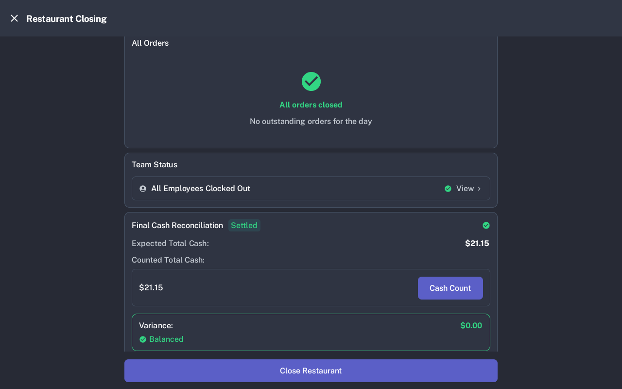 Restaurant Closing screen ready to close with balanced cash variance