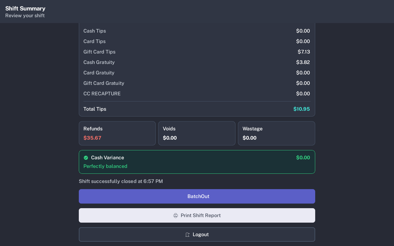 Shift Summary screen with BatchOut button