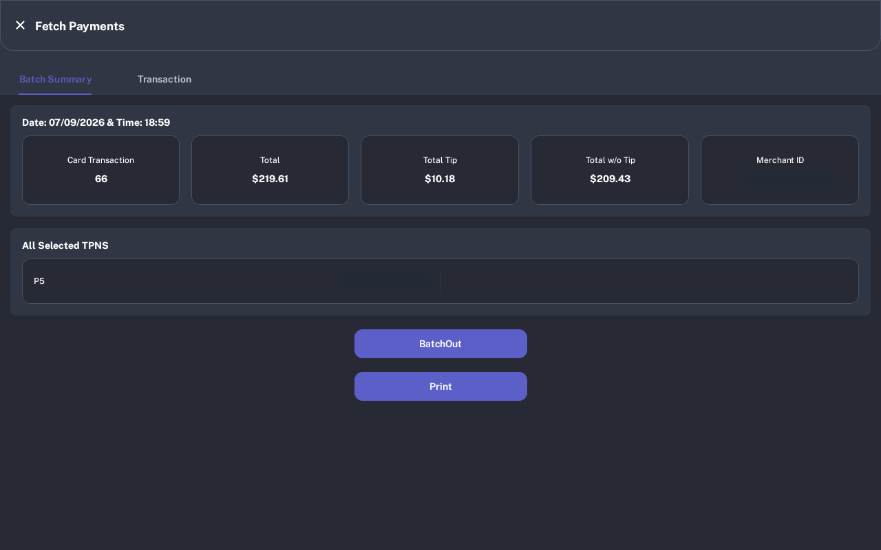 Fetch Payments Batch Summary tab with card transaction totals and selected device