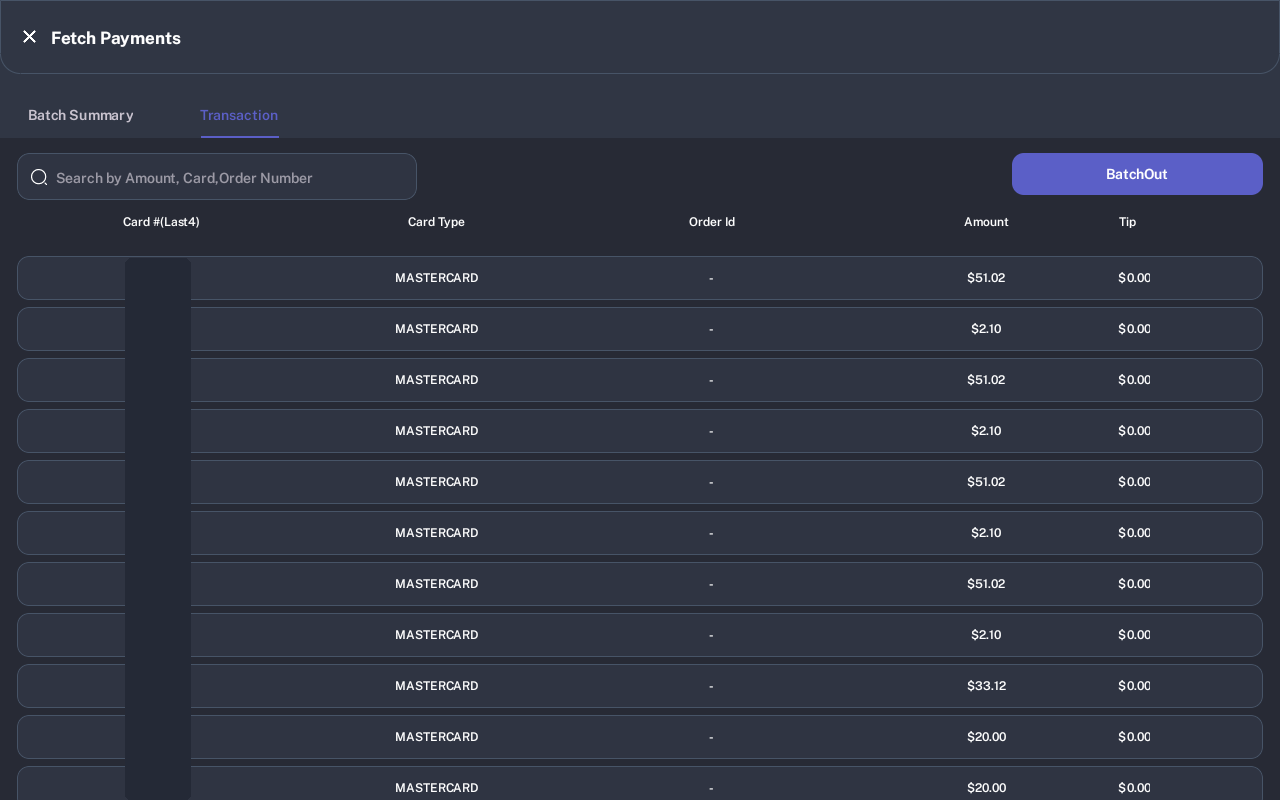 Fetch Payments Transaction tab with payment rows