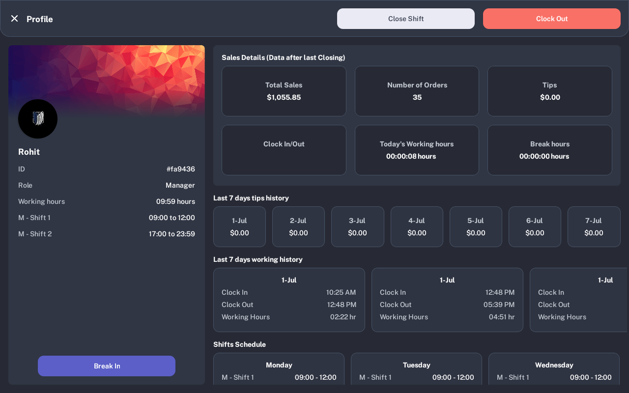 Manager profile screen with Close Shift button