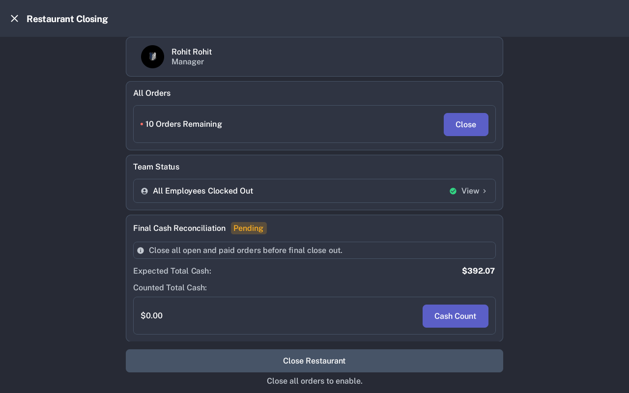 Restaurant Closing overview screen