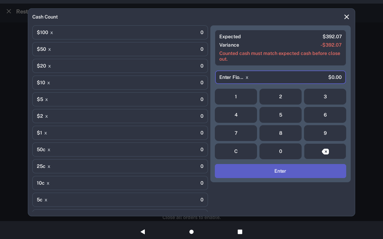 Cash Count dialog with expected cash and keypad