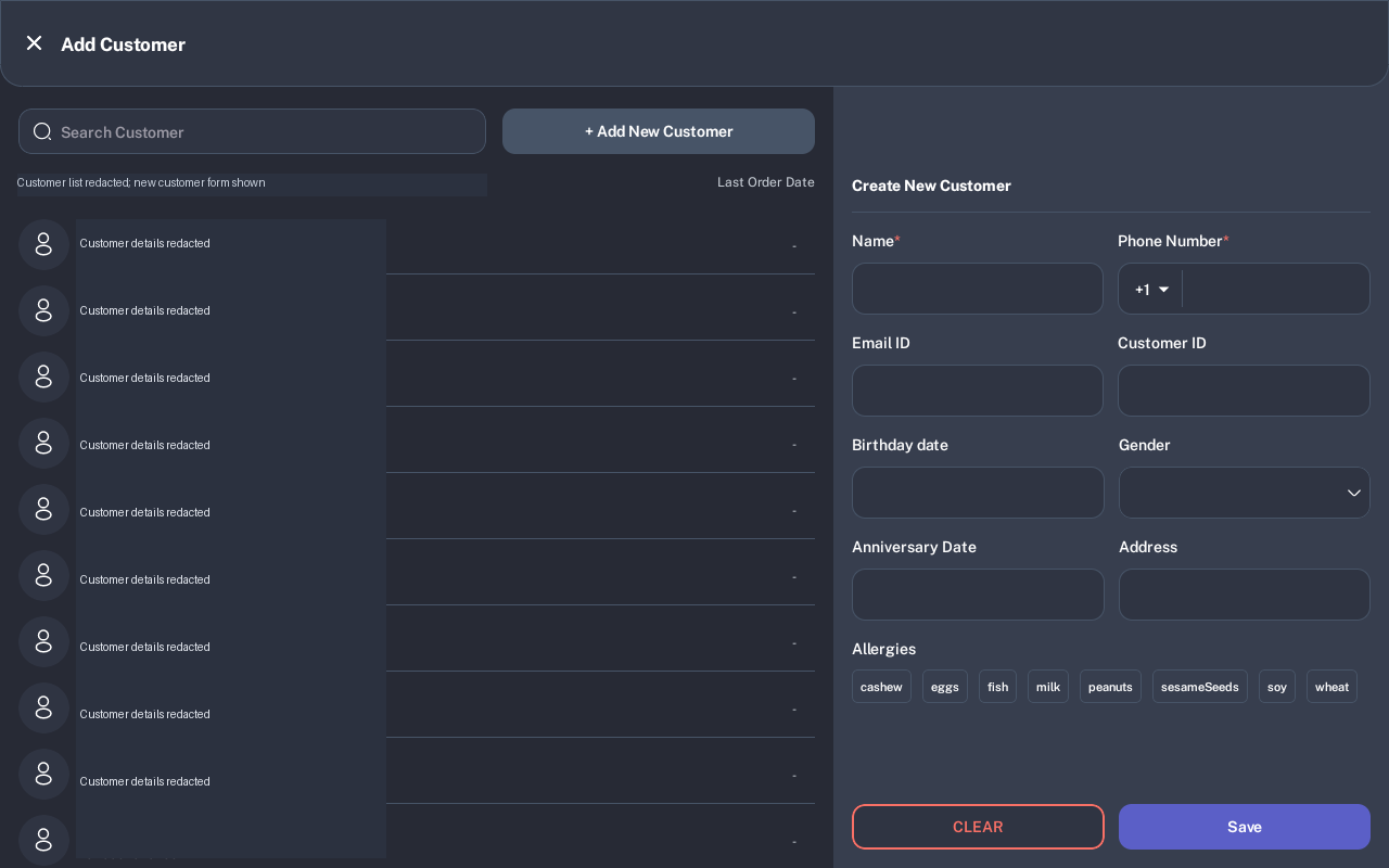 Create New Customer form with name, phone number, email, customer ID, dates, gender, address, allergies, clear, and save