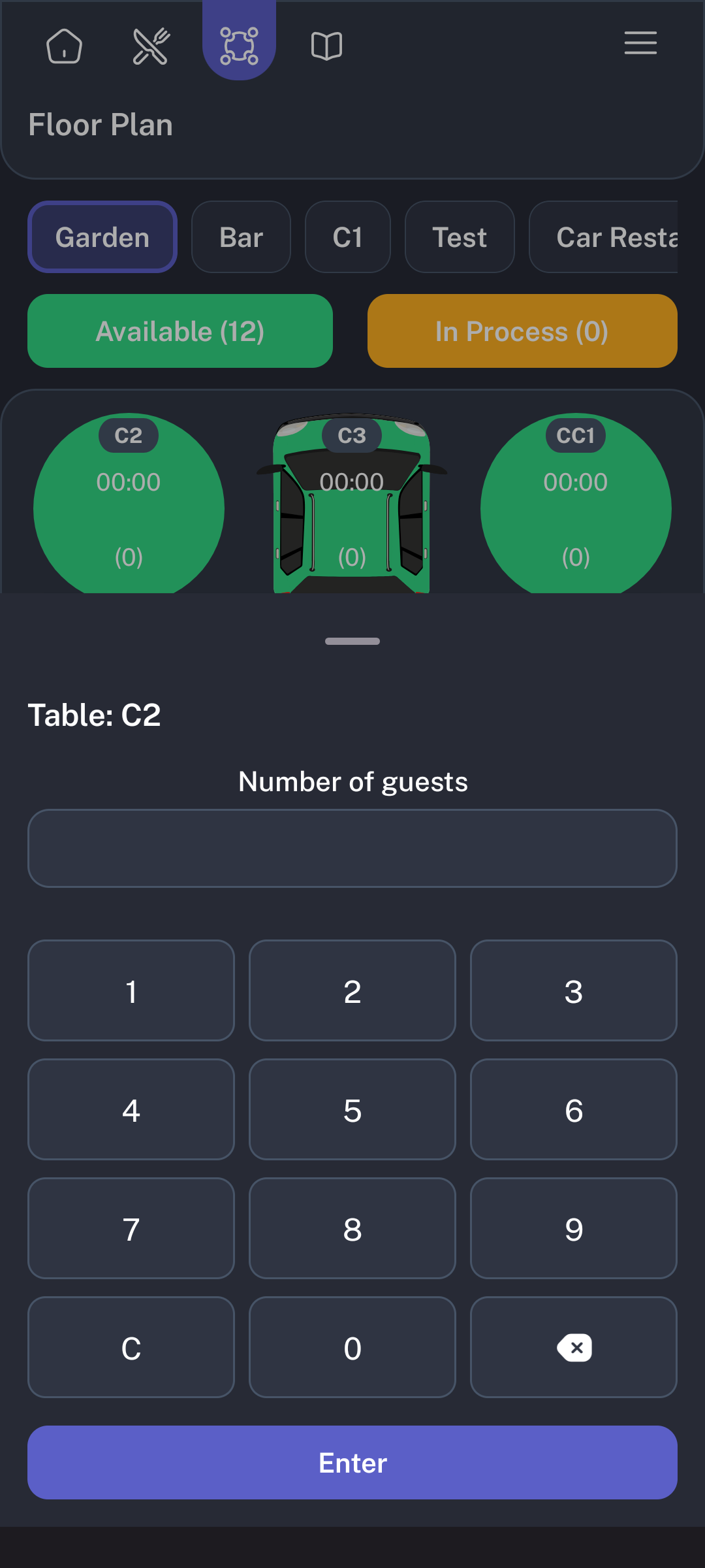 Table bottom sheet with Number of guests keypad and Enter button