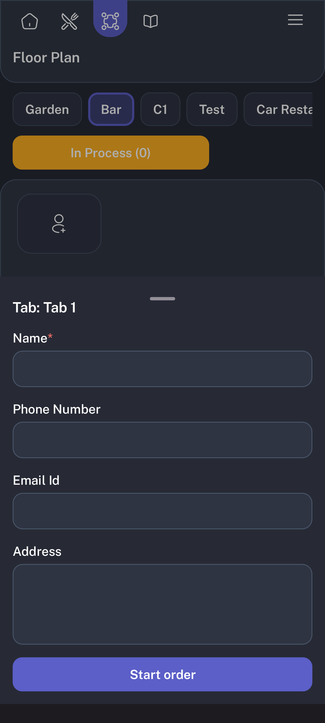 Tab bottom sheet with Name, Phone Number, Email Id, Address, and Start order button