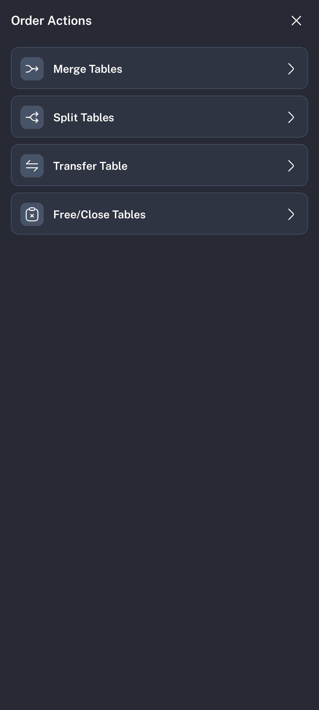 Floor Plan Order Actions drawer with Merge Tables, Split Tables, Transfer Table, and Free Close Tables