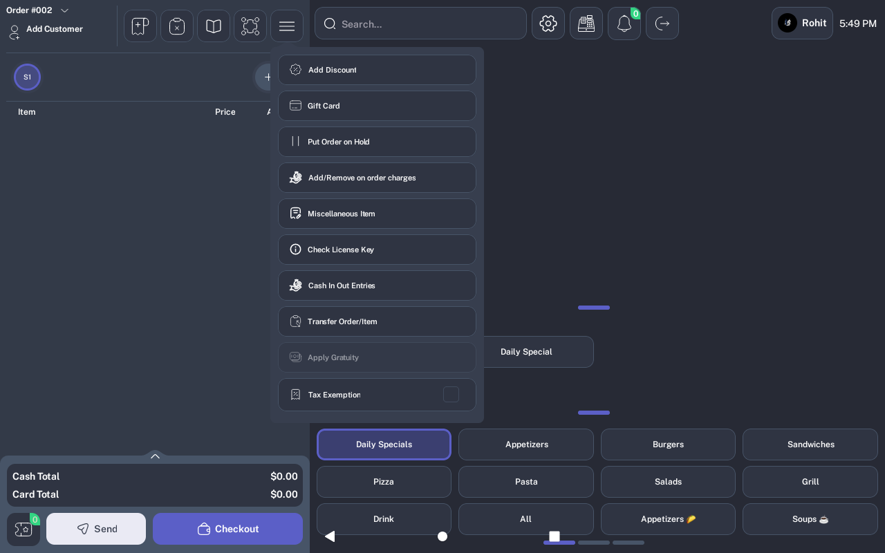 Order options menu with Gift Card option