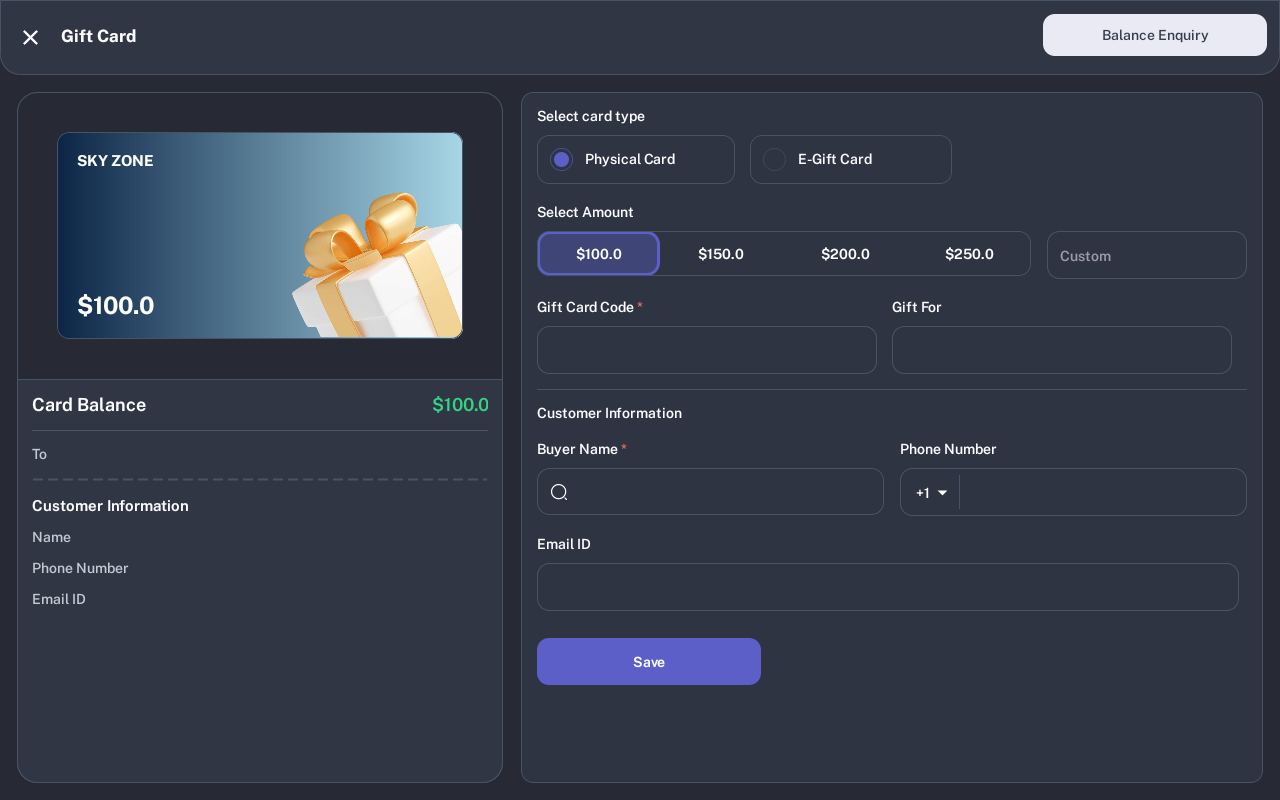 Gift Card screen with card type, amount, customer information, and Save button