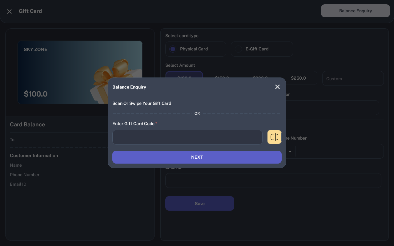 Balance Enquiry dialog with scan, swipe, code entry, and Next button