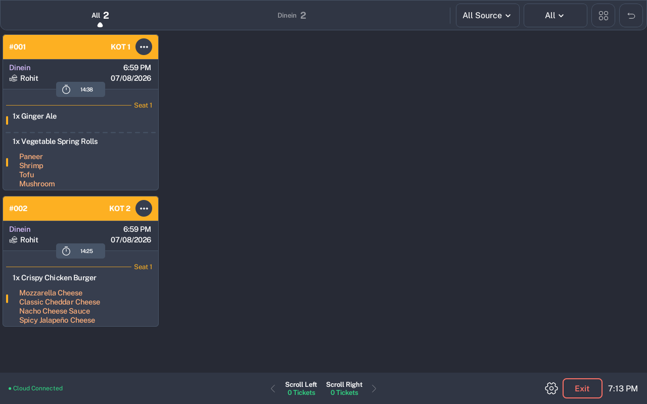 KDS  screen with order type tabs, filters, ticket card, connection status, settings, and Exit button