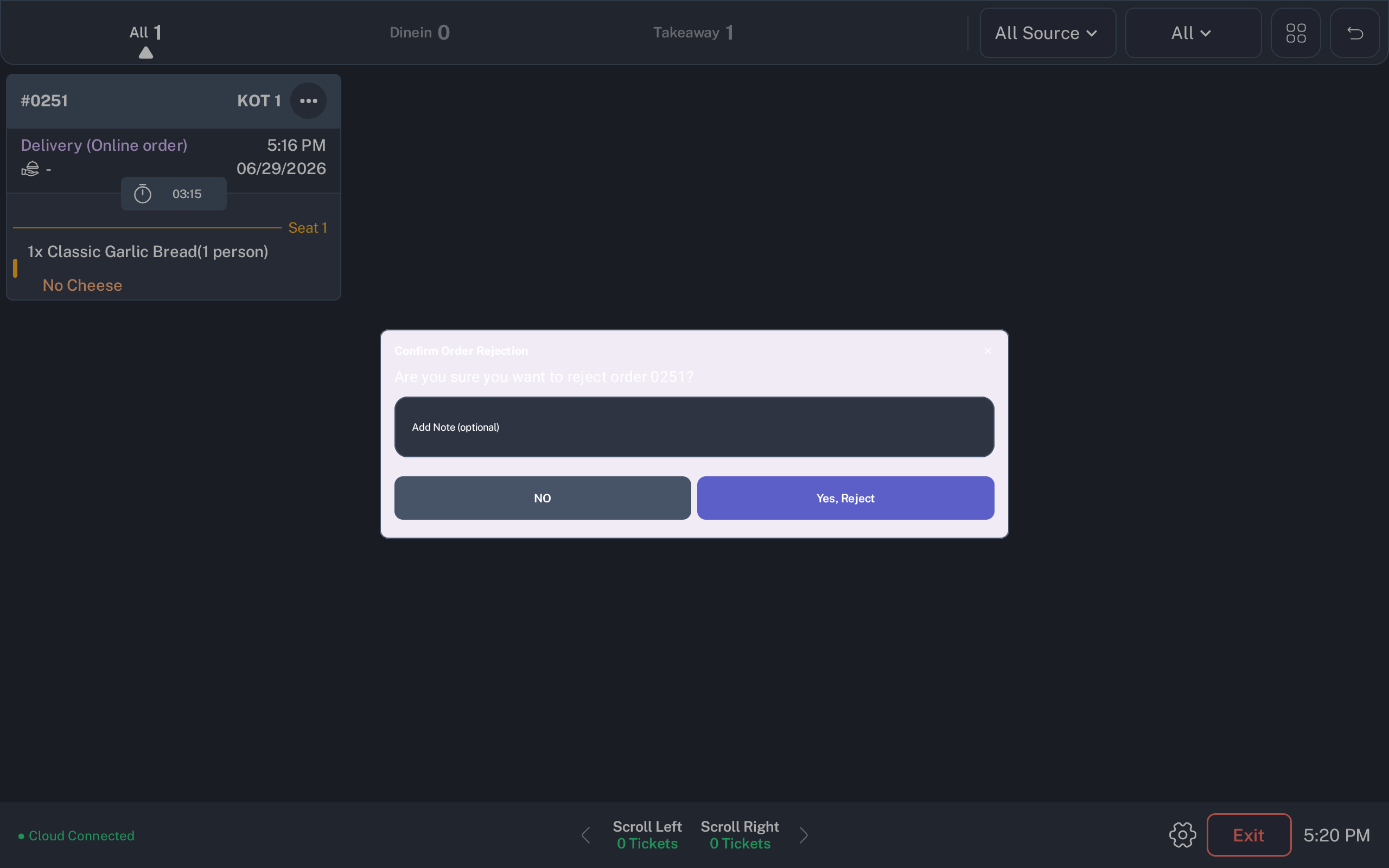 KDS  Confirm Order Rejection dialog with note field, NO button, and Yes Reject button