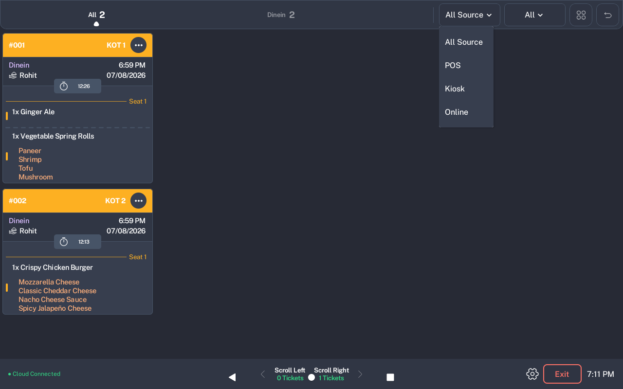 KDS  source filter showing All Source, POS, Kiosk, and Online