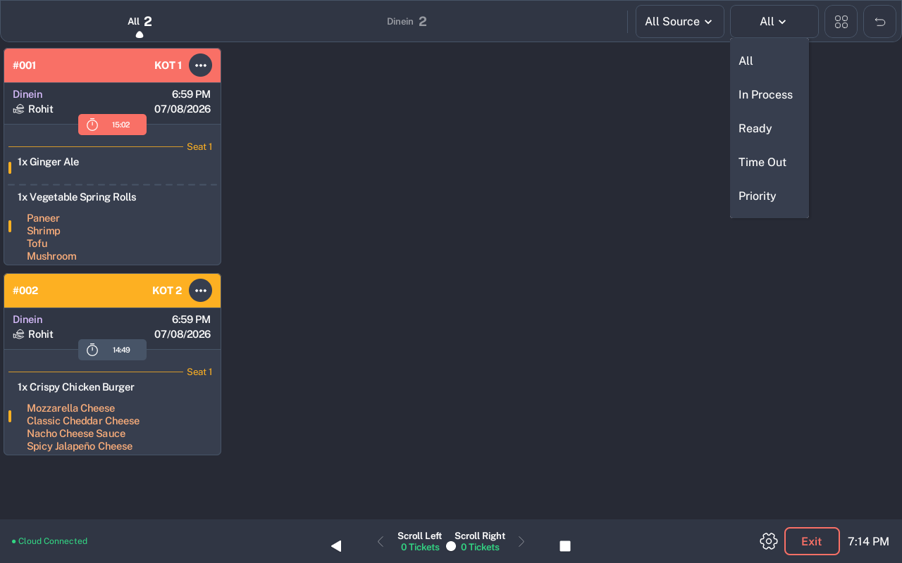 KDS  status filter showing All, In Process, Ready, Time Out, and Priority