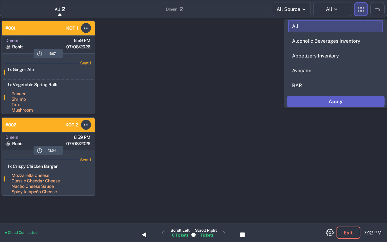 KDS  inventory label filter with All, inventory labels, and Apply button