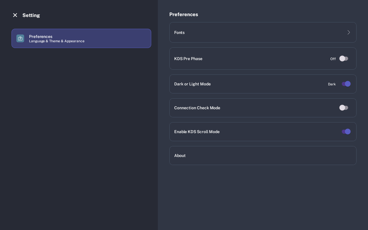 KDS settings screen with Fonts, KDS Pre Phase, Dark or Light Mode, Connection Check Mode, and Enable KDS Scroll Mode