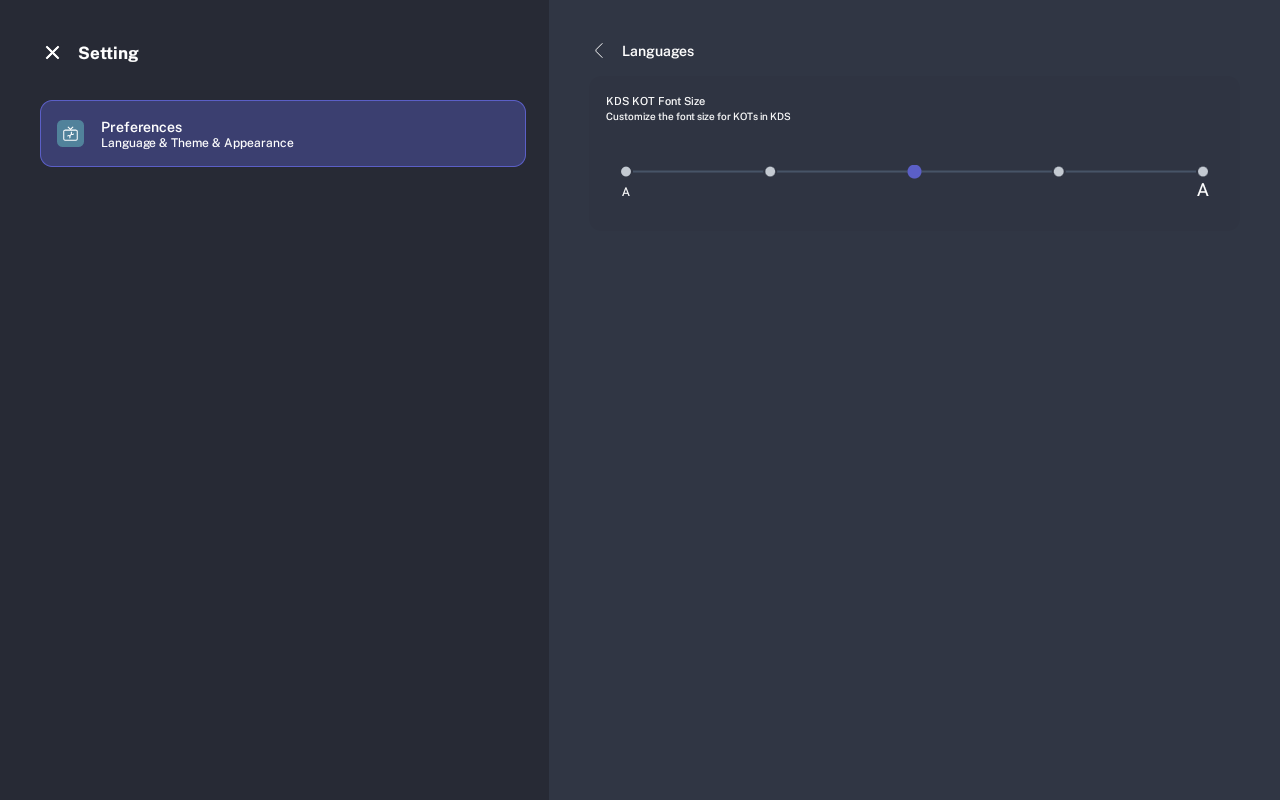 KDS KOT Font Size screen with five-step font size control