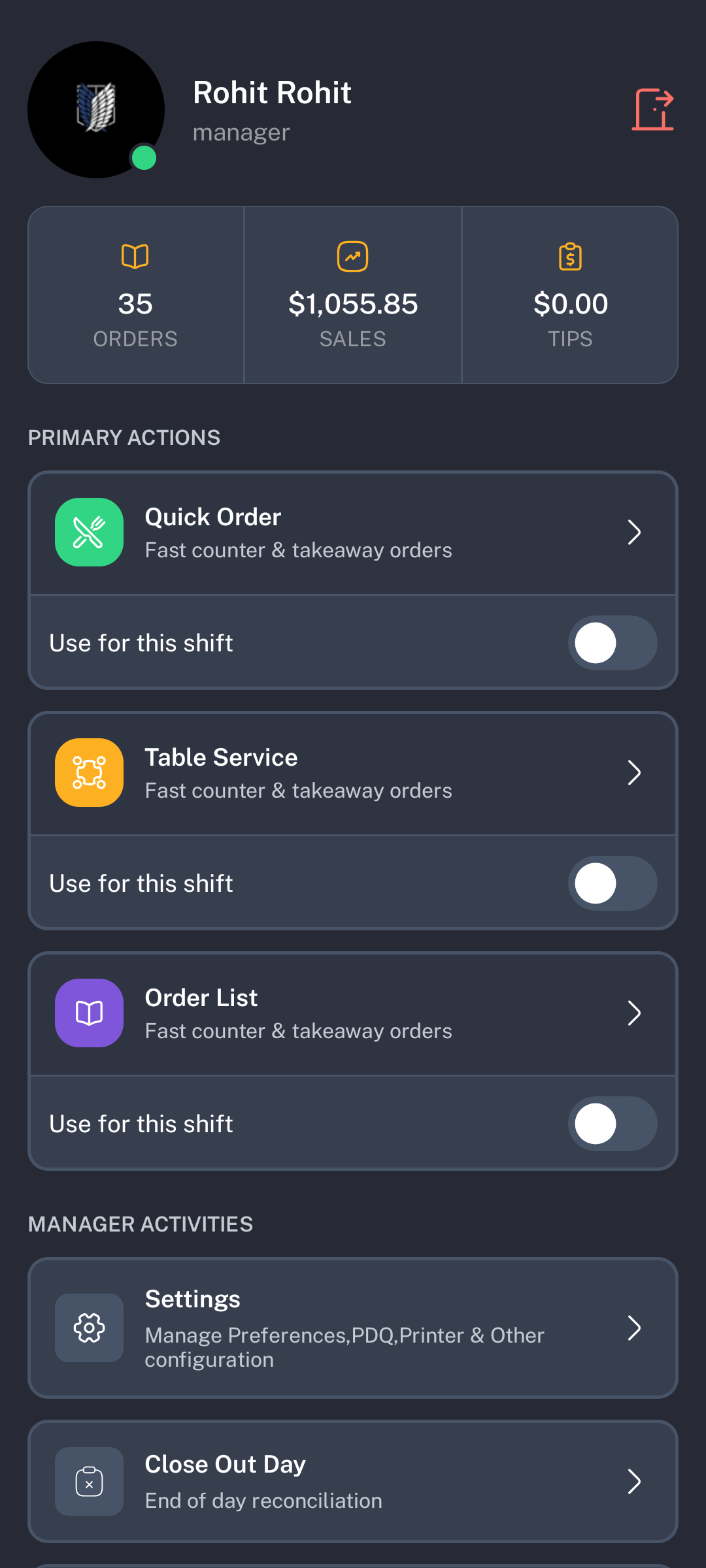 POSHub Home showing staff details, summary totals, primary actions, and manager activities