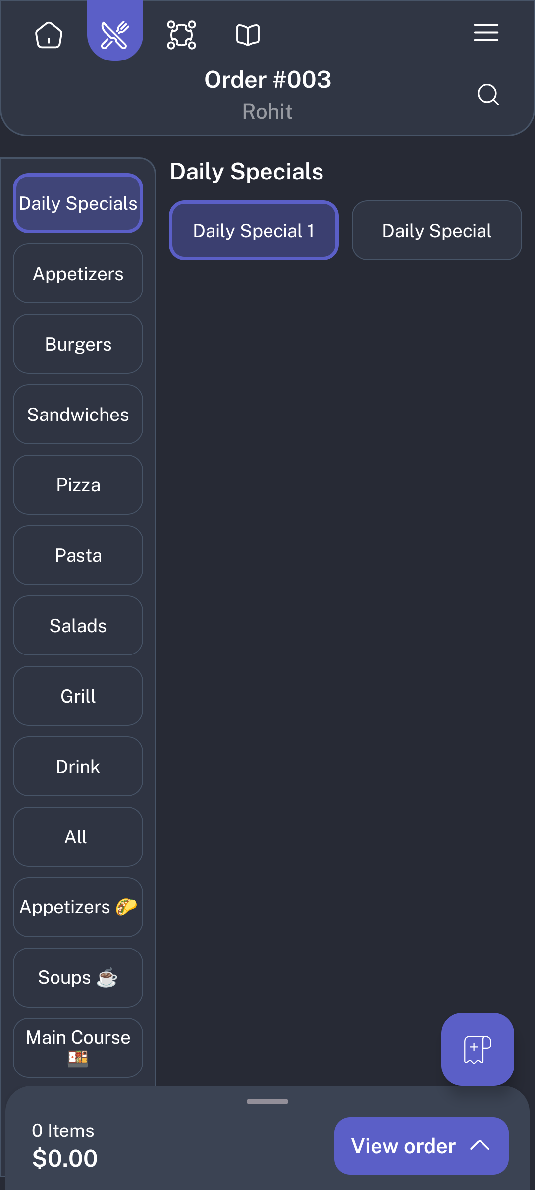POSHub Quick Order menu screen