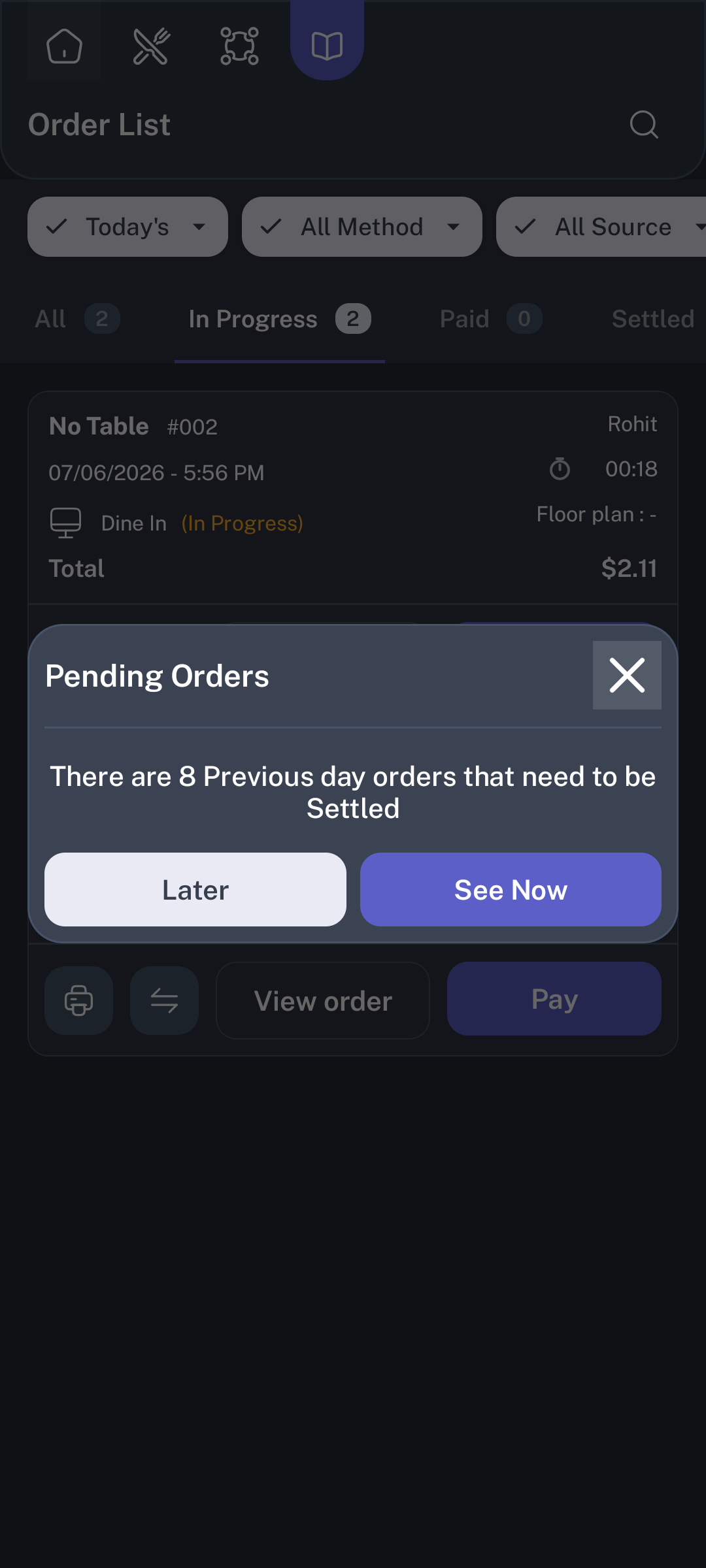 POSHub Order List search bar with a sample order search