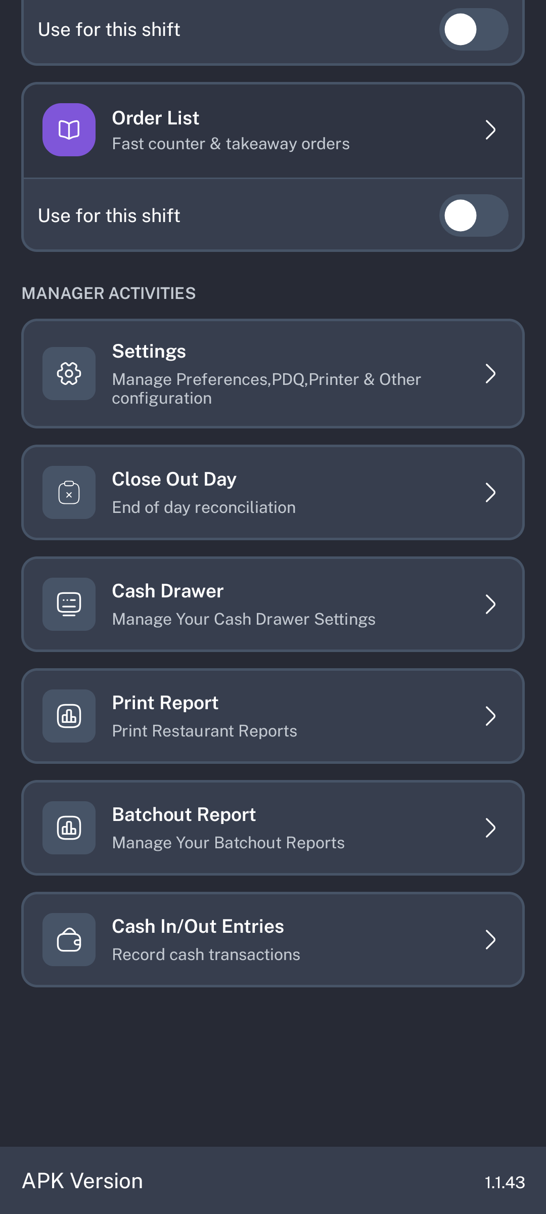 POSHub Manager Activities including settings, close out day, cash drawer, reports, batch out reports, and cash in out