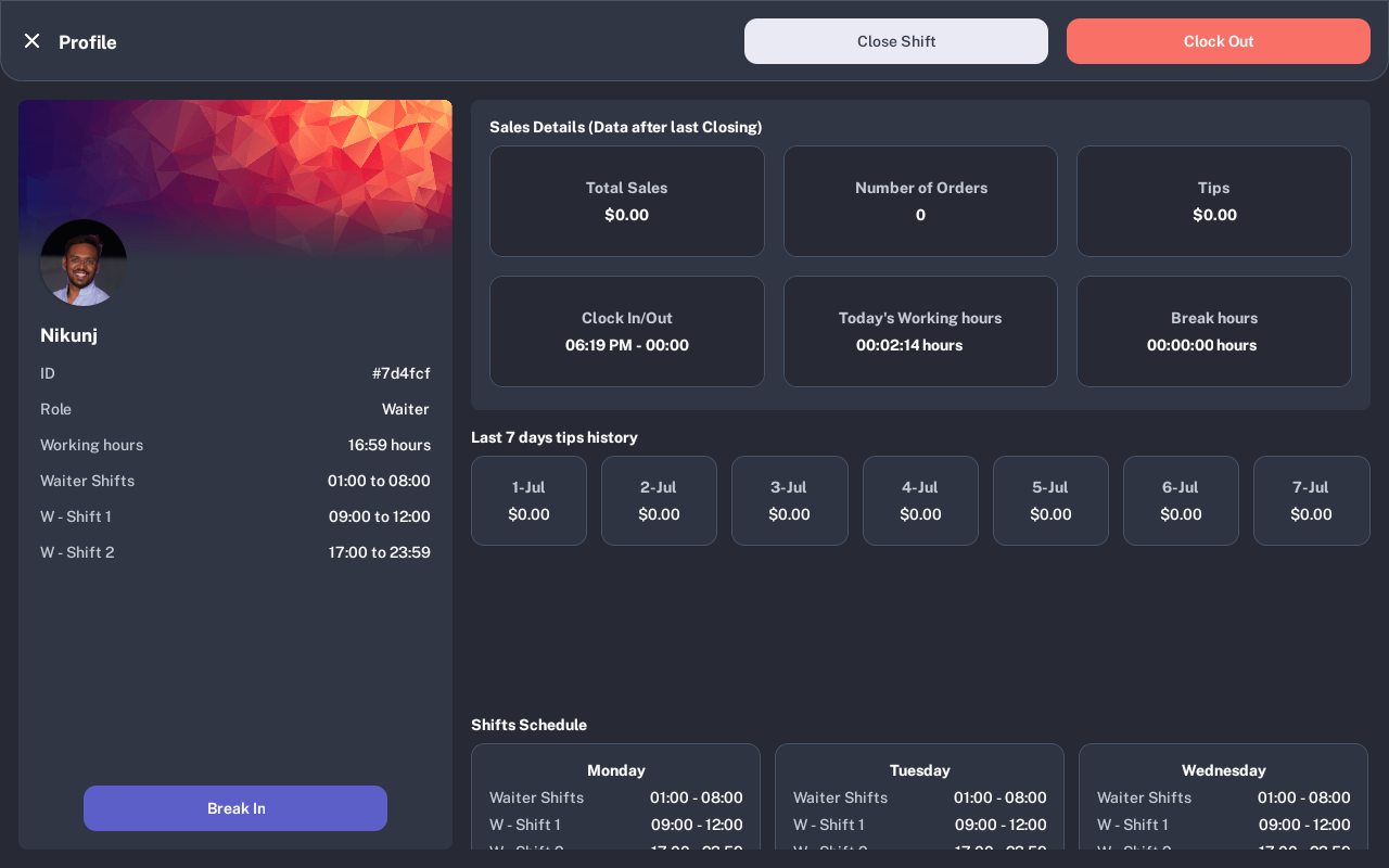 Waiter Profile screen showing waiter details, sales details, tips history, and shift schedule