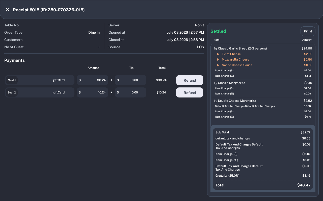 View Order screen showing Settled status and Refund buttons