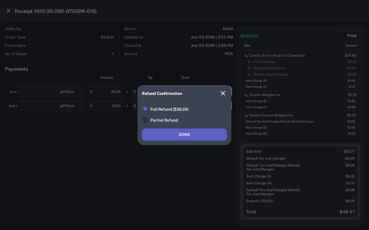 Refund Confirmation dialog with Full Refund and Partial Refund