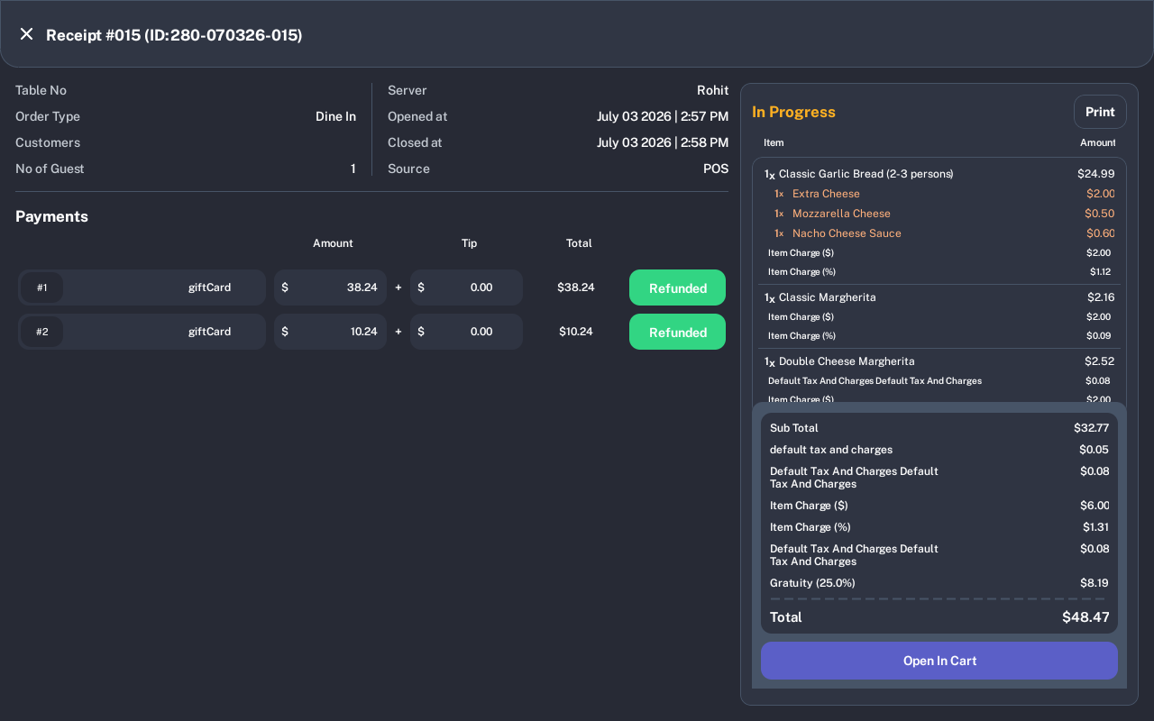 Order after full refund showing In Progress status and Refunded payment rows