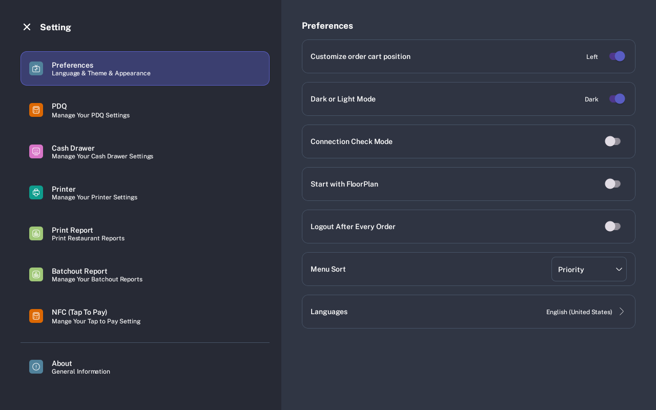 Preferences settings with cart position, theme, connection check mode, floor plan, logout, menu sort, and language