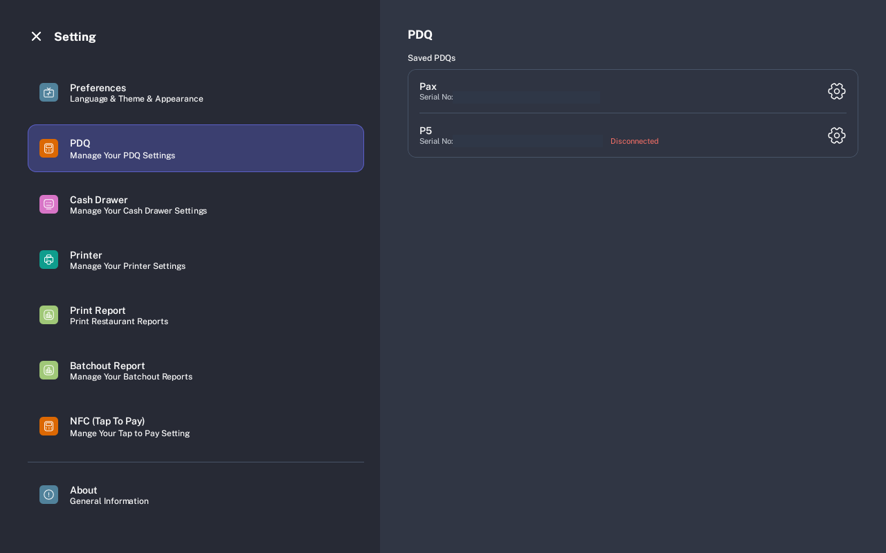 PDQ settings with saved payment devices and connection status