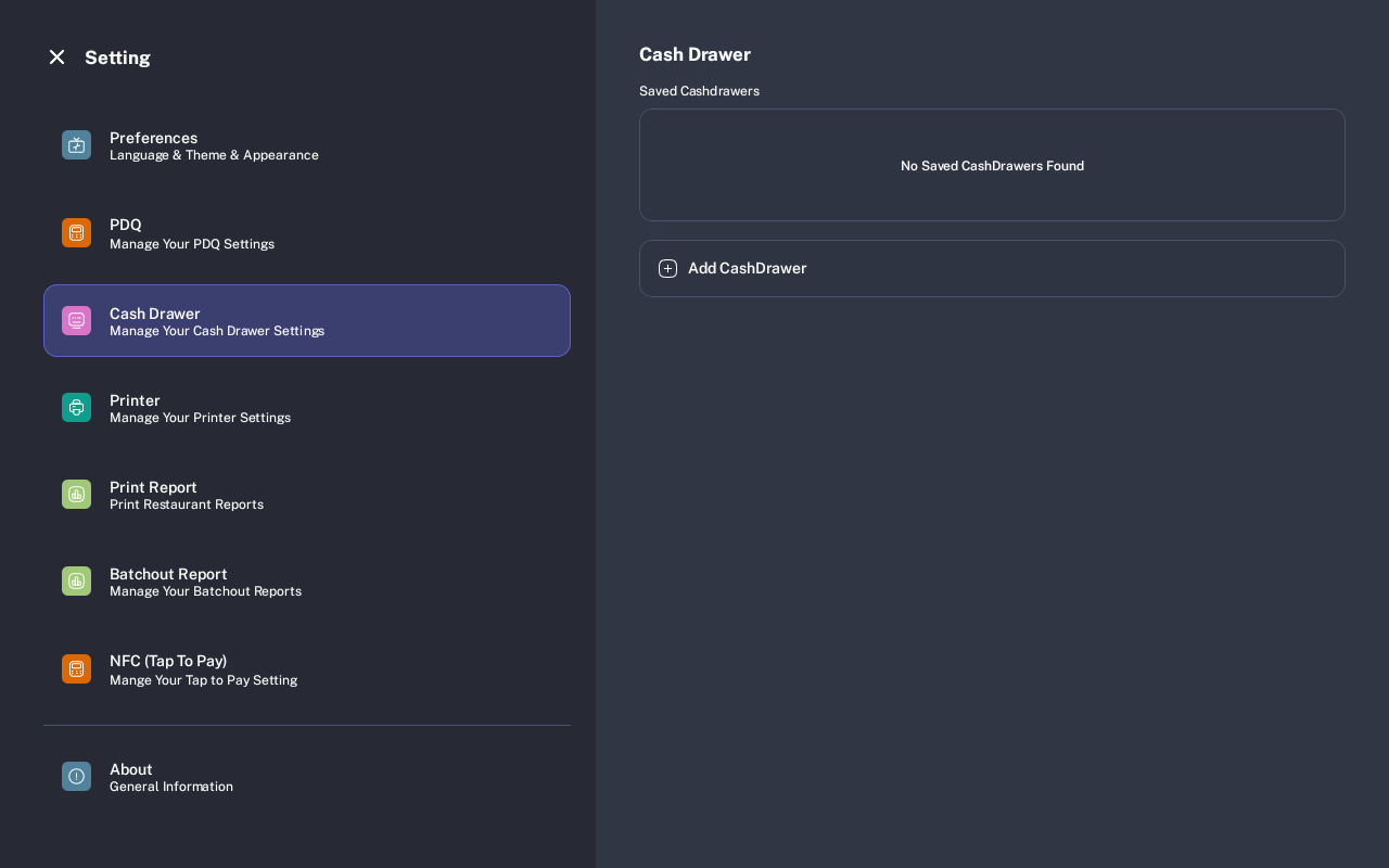 Cash Drawer settings with saved cash drawers and Add CashDrawer option