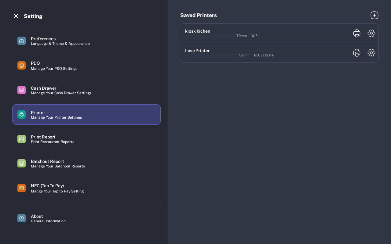 Saved Printers settings with add, test print, and printer detail actions