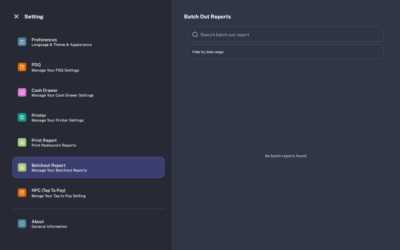 Batchout Report settings with search, date range filter, and no reports message
