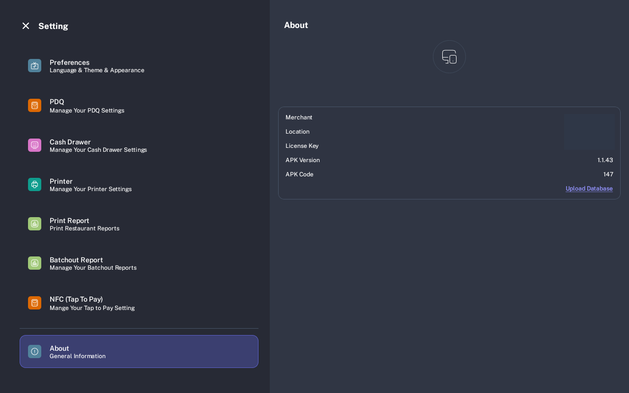 About settings with merchant, location, license, APK version, and APK code values redacted