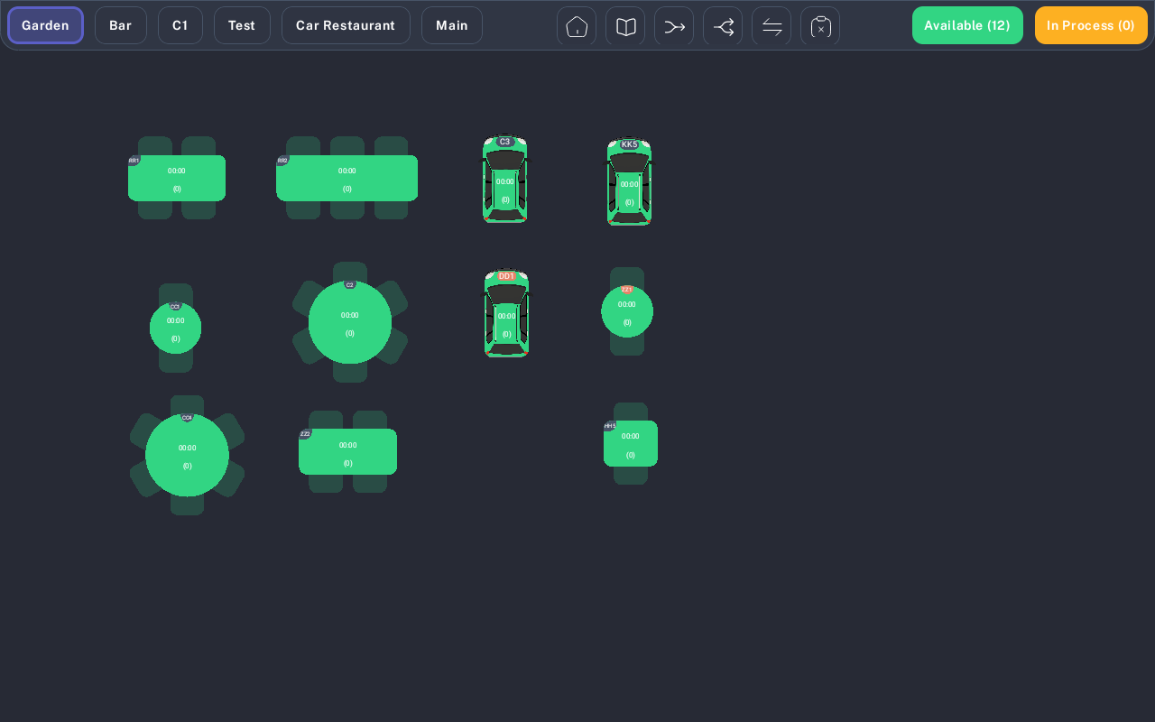 Floor plan screen with table toolbar and floor plan tabs