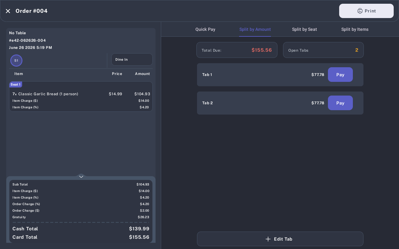 Confirmed split tabs with Pay buttons