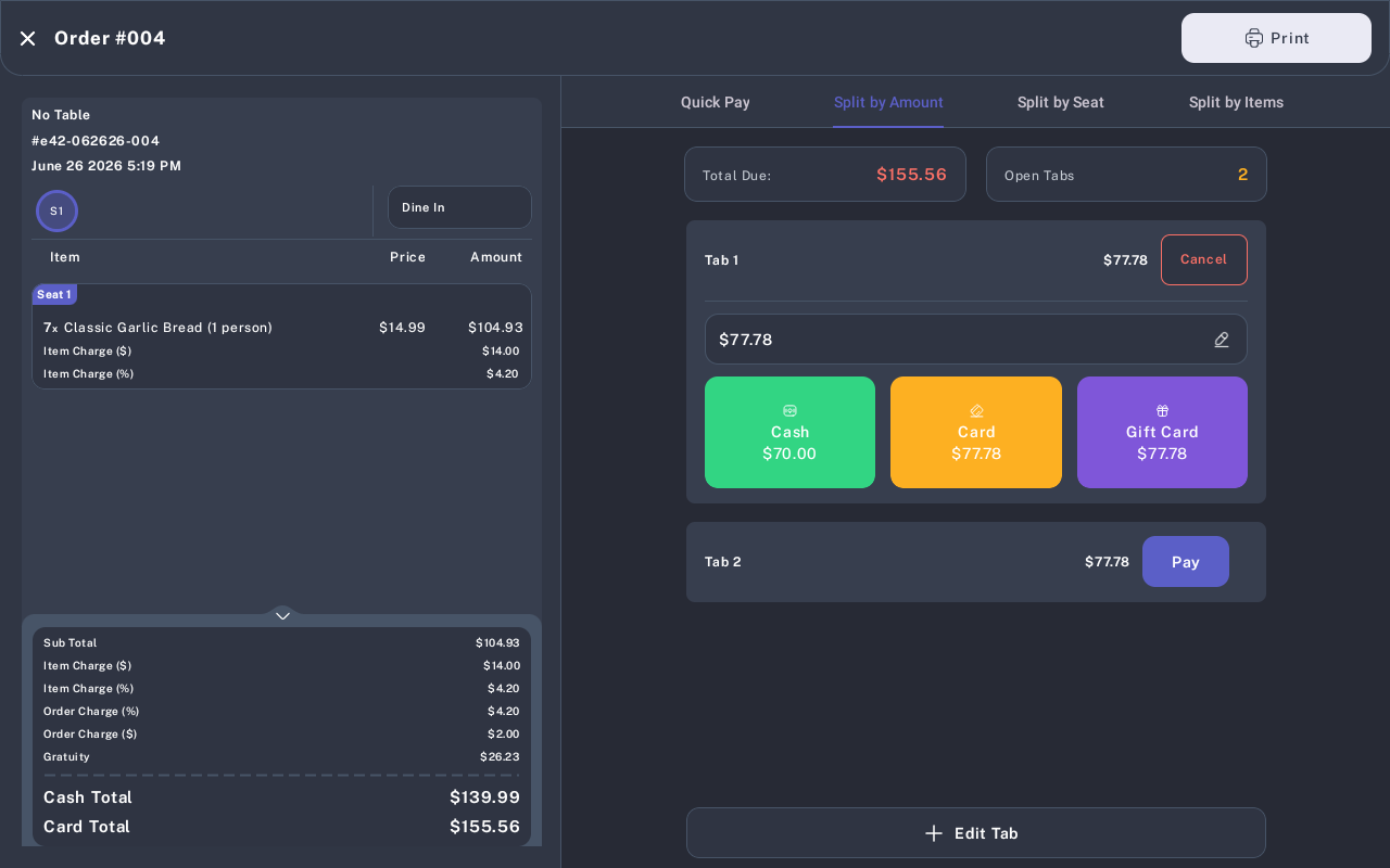 Split tab expanded with Cash, Card, and Gift Card payment methods
