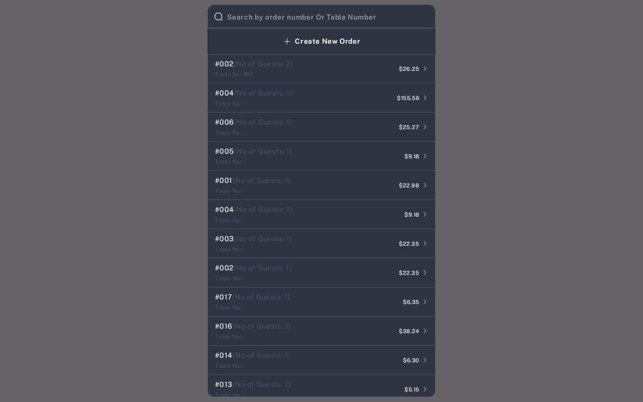 Search existing order by order number or table number